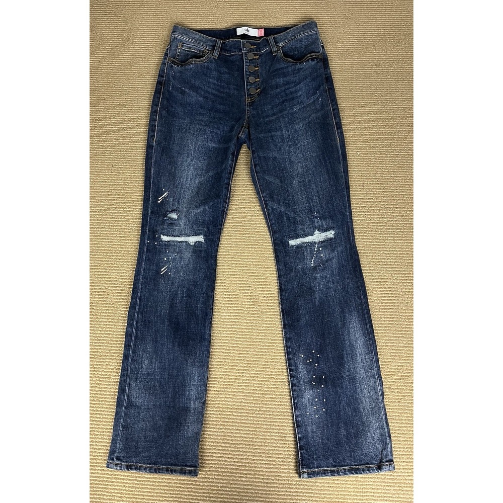 cabi Button Fly‎ Straight Blue Jeans Size 6 Faded Distress Cotton Blend